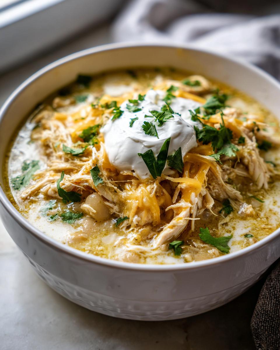 A close-up of a bowl of creamy crockpot white chicken chili topped with shredded cheese, sour cream, and cilantro.