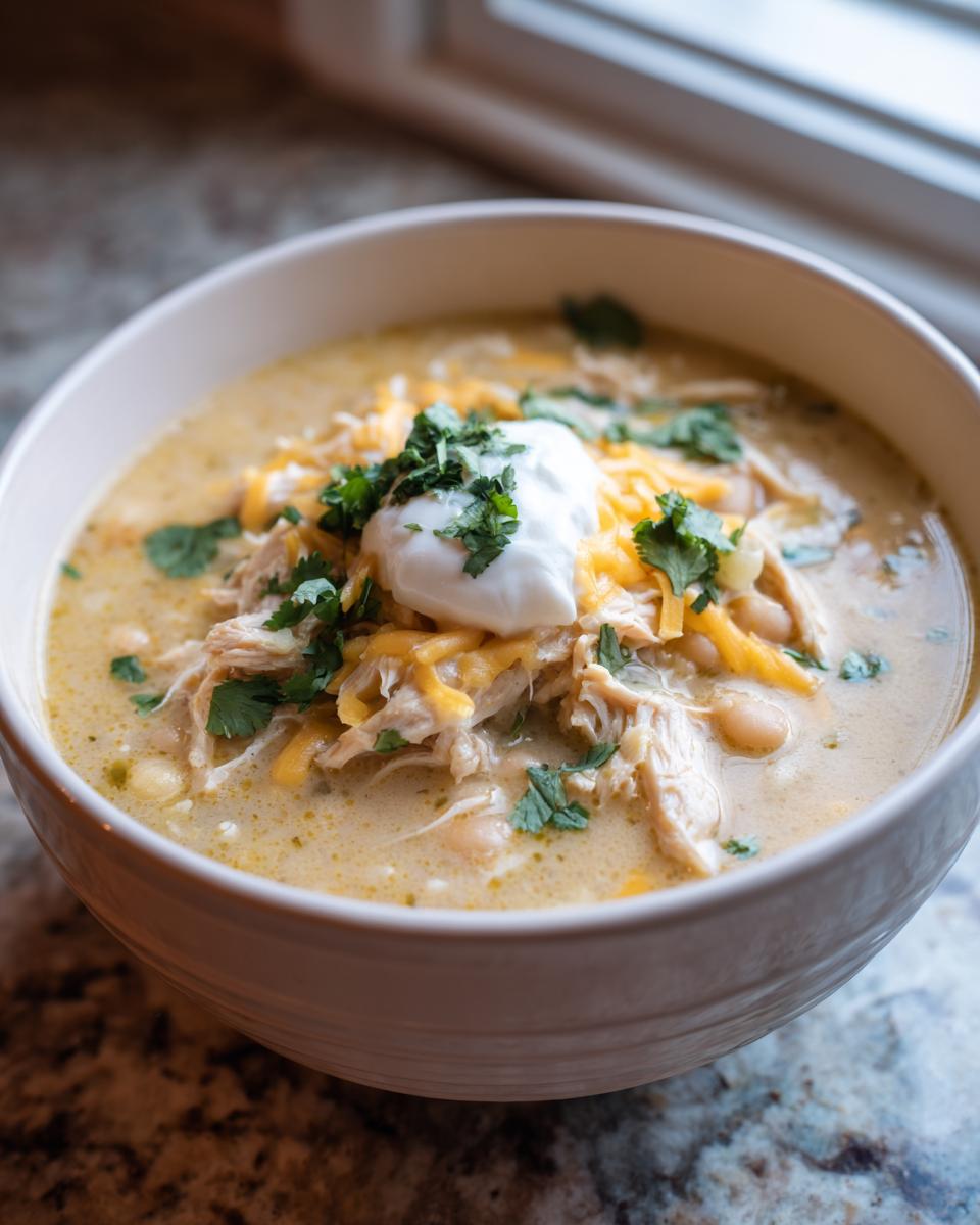 A close-up of a bowl of creamy crockpot white chicken chili, topped with shredded cheese, sour cream, and fresh cilantro.