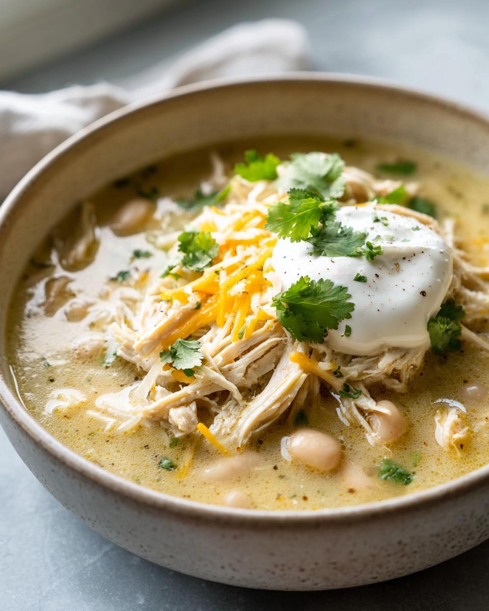 A close-up of a hearty bowl of crockpot white chicken chili topped with shredded chicken, cheese, sour cream, and cilantro.