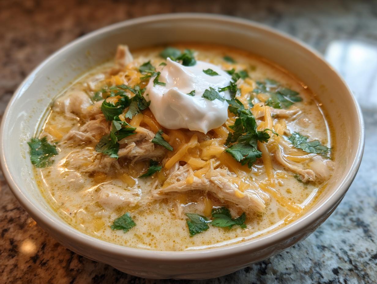 A close-up of a bowl of creamy crockpot white chicken chili topped with shredded cheese, sour cream, and cilantro.