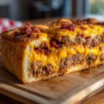 A thick slice of homemade garbage bread showing layers of ground meat, melted cheddar cheese, and a crispy bacon topping.