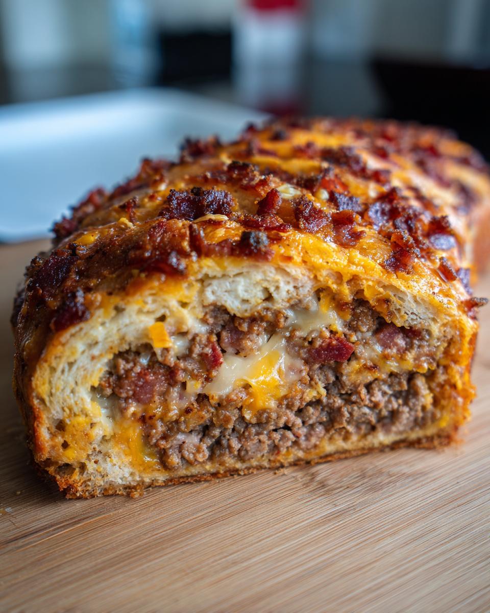 A close-up cross-section of homemade garbage bread showing layers of seasoned ground meat, melted cheese, and a crispy bacon topping.