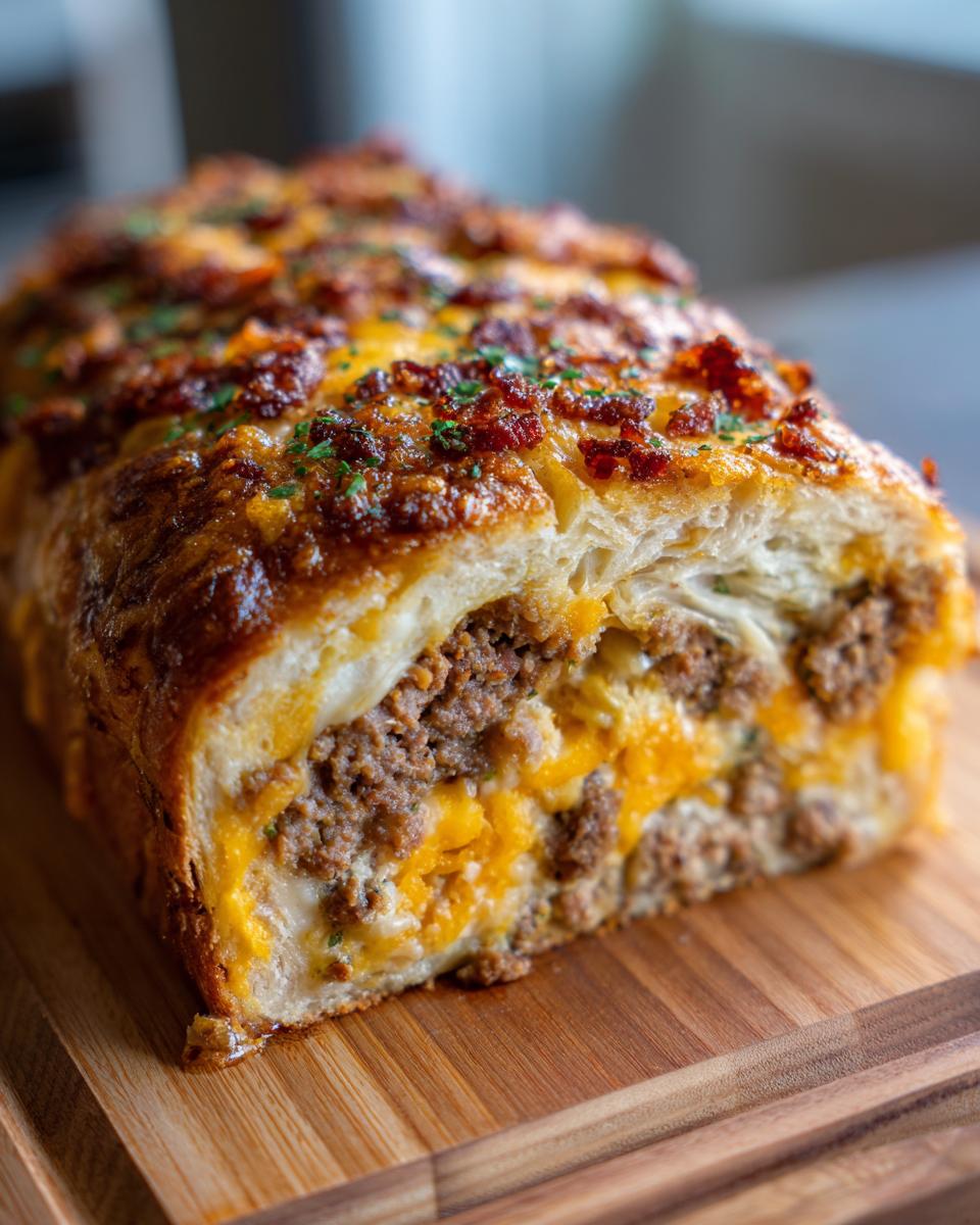 A close-up cross-section of homemade garbage bread stuffed with seasoned ground meat and melted cheddar cheese.