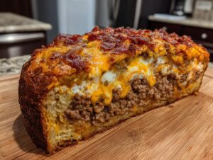 A cross-section view of a baked garbage bread loaf showing layers of bread, seasoned ground meat, melted cheese, and a crispy topping.