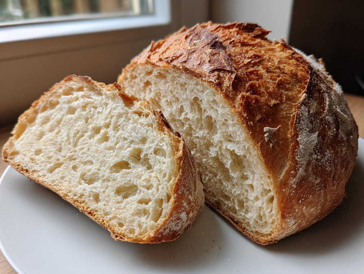 A freshly baked loaf of Italian bread, cut to show the airy interior crumb and golden crust.