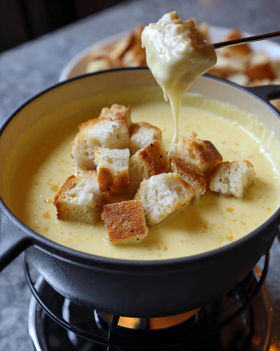 A piece of bread dipped into a pot of smooth, melted cheese fondue, showing a delicious cheese pull.