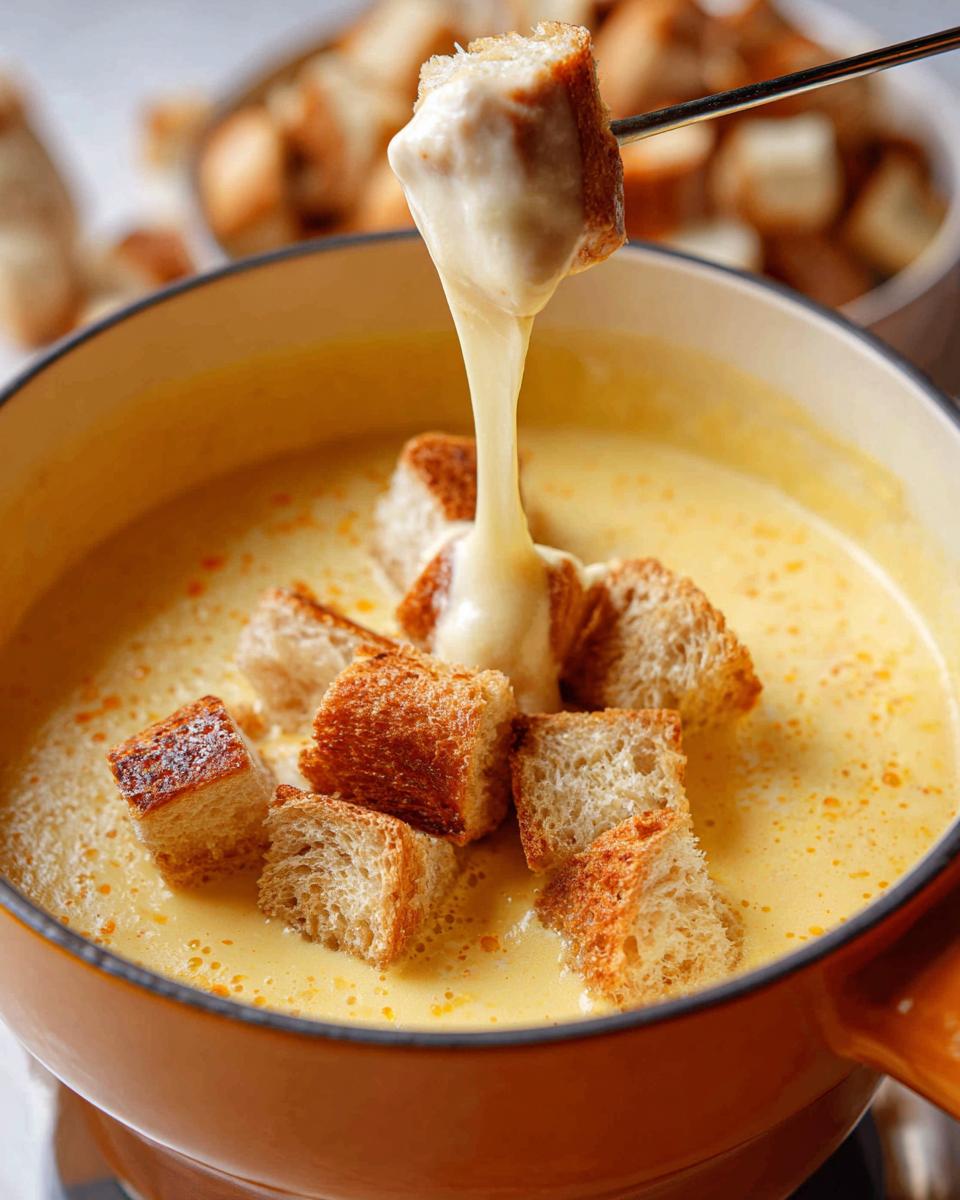 A piece of toasted bread is being dipped into a pot of smooth, melted cheese fondue, showing a long cheese pull.
