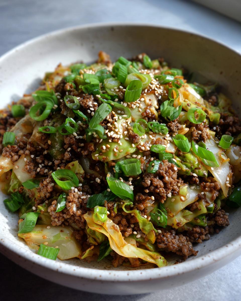 A close-up view of a hearty serving of egg roll in a bowl, featuring ground meat, sautéed cabbage, and topped with green onions and sesame seeds.