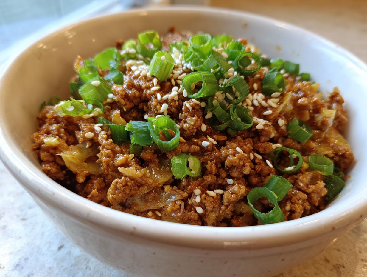A close-up of a white bowl filled with savory egg roll in a bowl mixture, topped with green onions and sesame seeds.