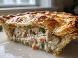 Close-up of a slice of turkey pot pie recipe showing shredded turkey, creamy sauce, peas, and carrots under a golden, flaky crust.