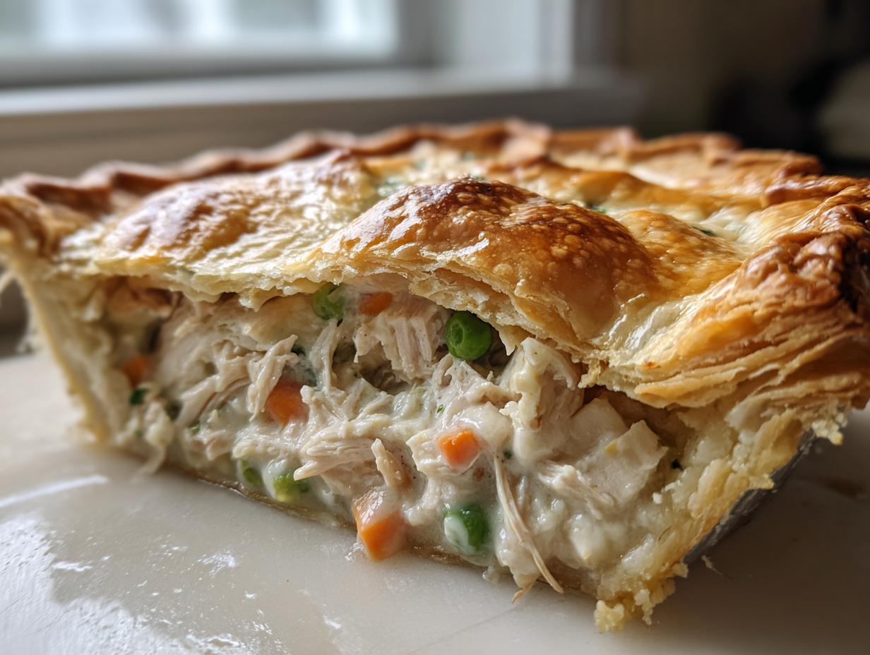 Close-up of a slice of turkey pot pie recipe showing shredded turkey, creamy sauce, peas, and carrots under a golden, flaky crust.