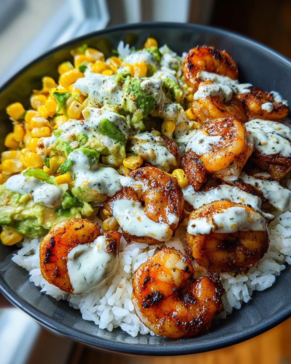 Close-up of a delicious shrimp bowl featuring seasoned grilled shrimp over white rice, topped with corn, avocado, and a creamy white sauce.