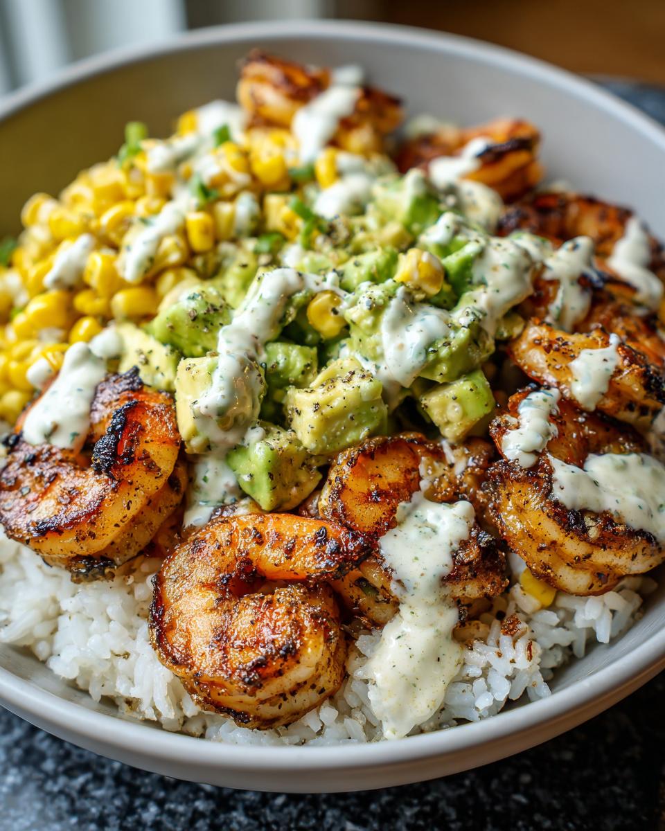 Close-up of a flavorful shrimp bowl featuring seasoned grilled shrimp, white rice, corn, diced avocado, and a creamy drizzle.