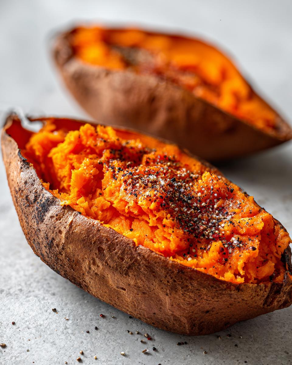 Close-up of a fluffy baked sweet potatoes, split open and seasoned with cracked black pepper and salt.