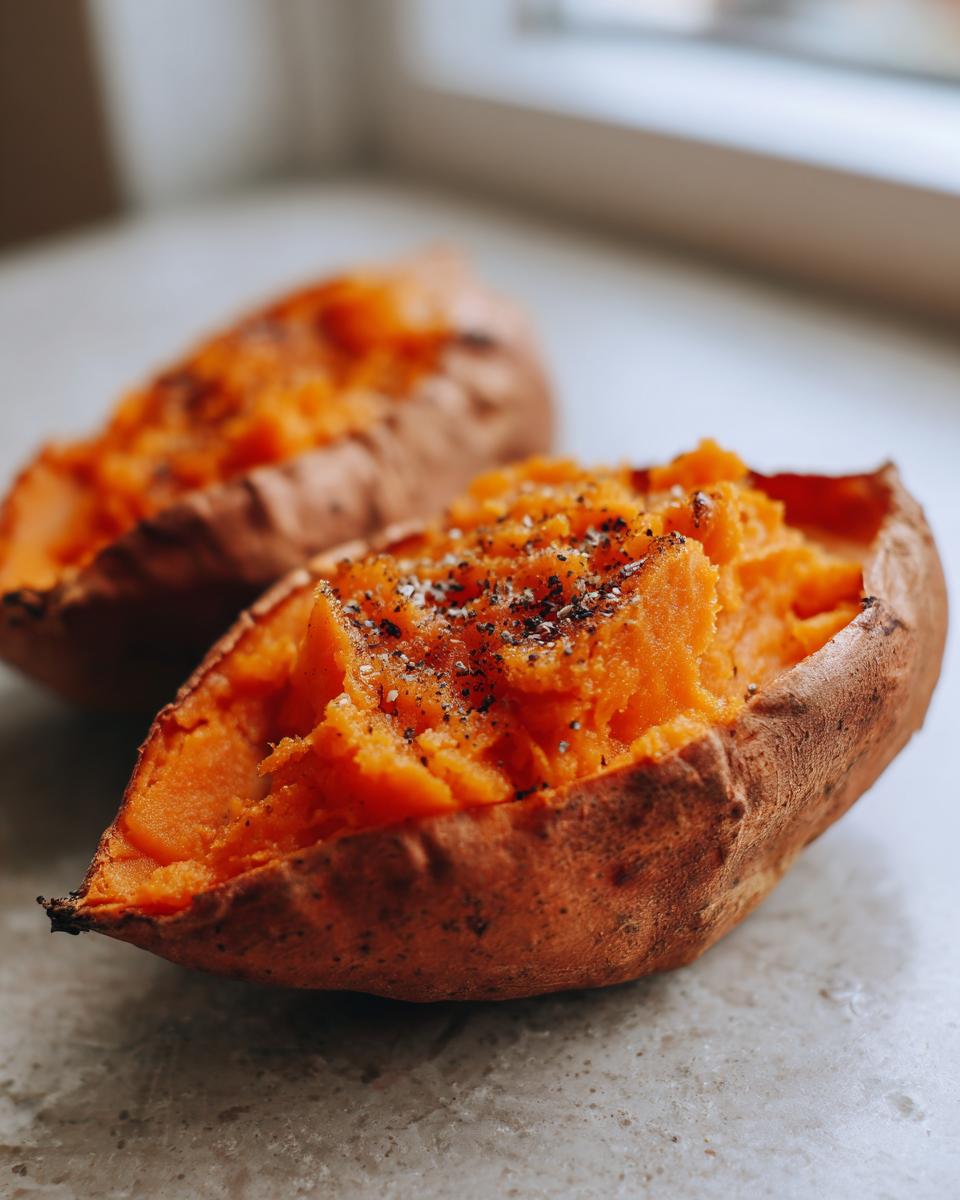 Close-up of fluffy baked sweet potatoes, split open and seasoned with black pepper and salt.