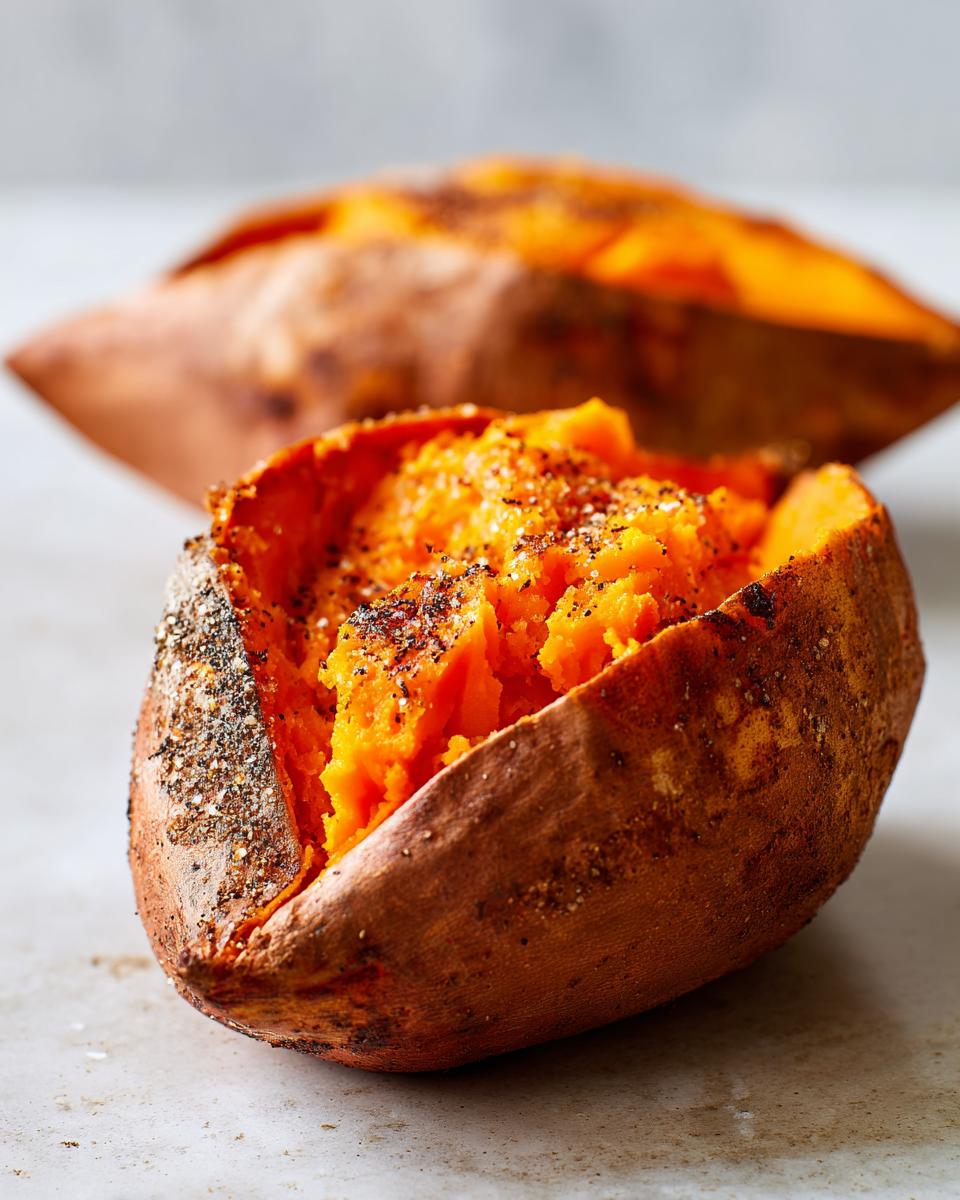 Close-up of a fluffy baked sweet potato, split open and seasoned with salt and pepper.
