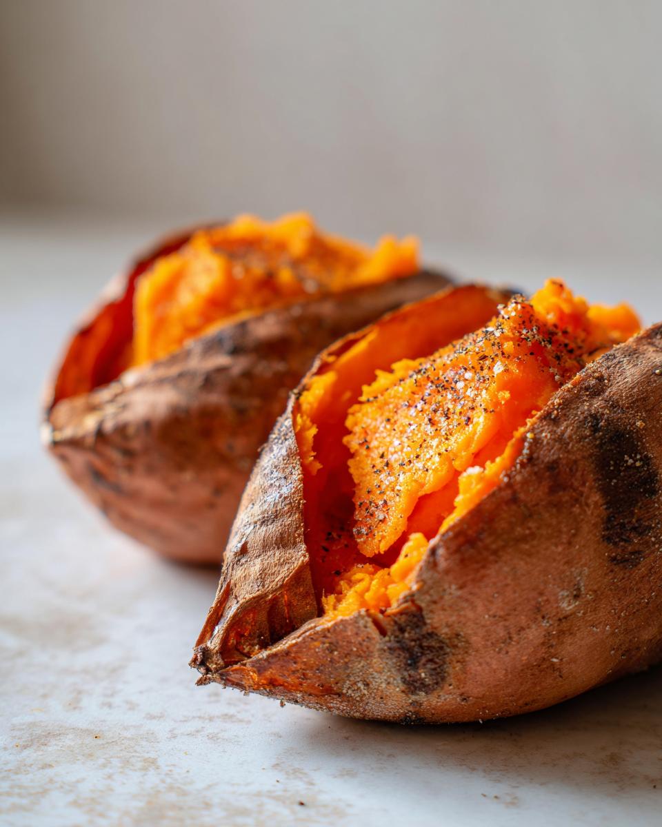 Two fluffy baked sweet potatoes split open and seasoned with salt and pepper.
