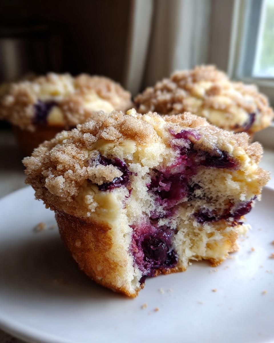 Close-up of a fluffy blueberry muffin cut in half, showing juicy berries and a cinnamon streusel topping.