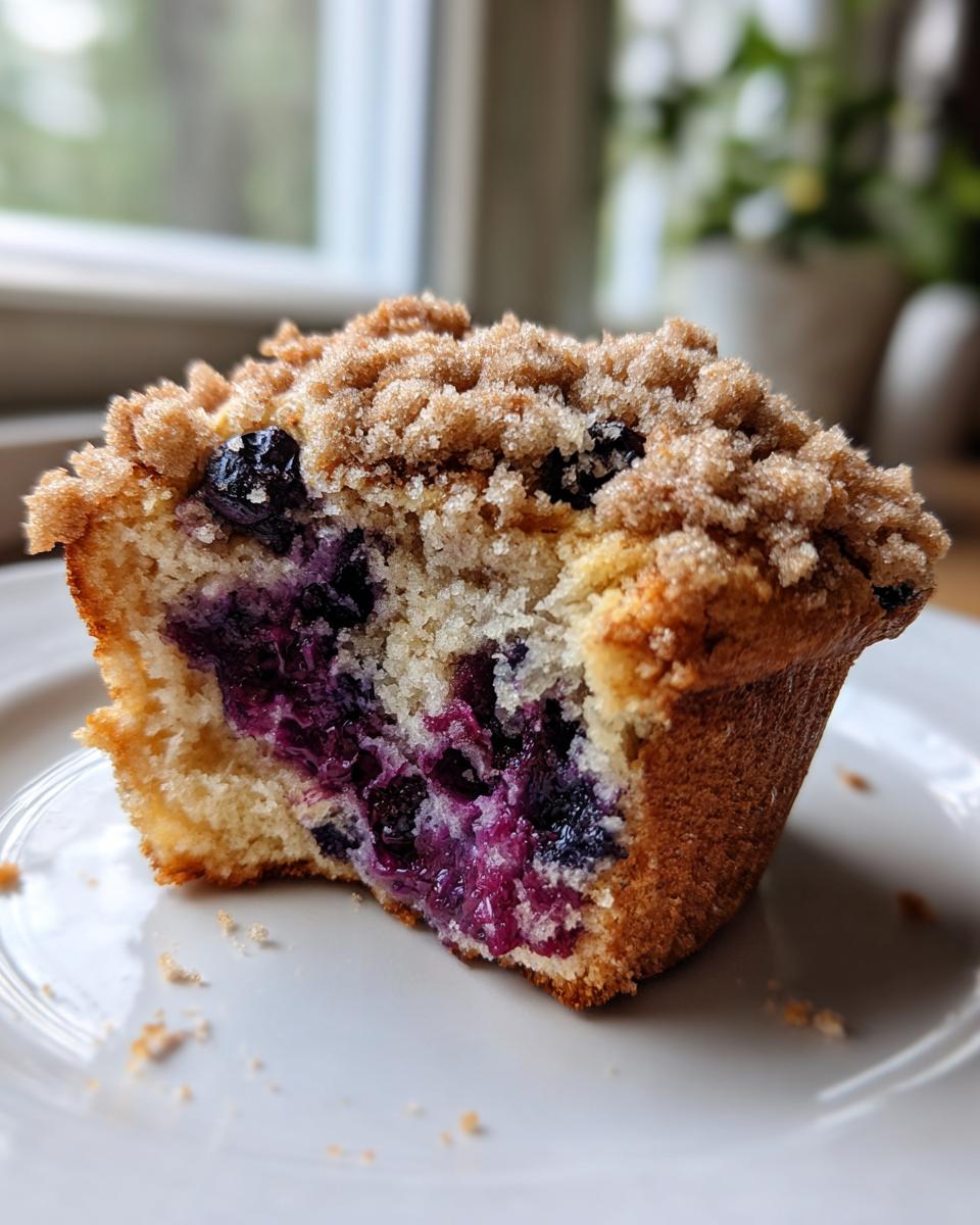 Close-up of a fluffy blueberry muffin cut in half showing moist interior and juicy berries, topped with brown sugar streusel.