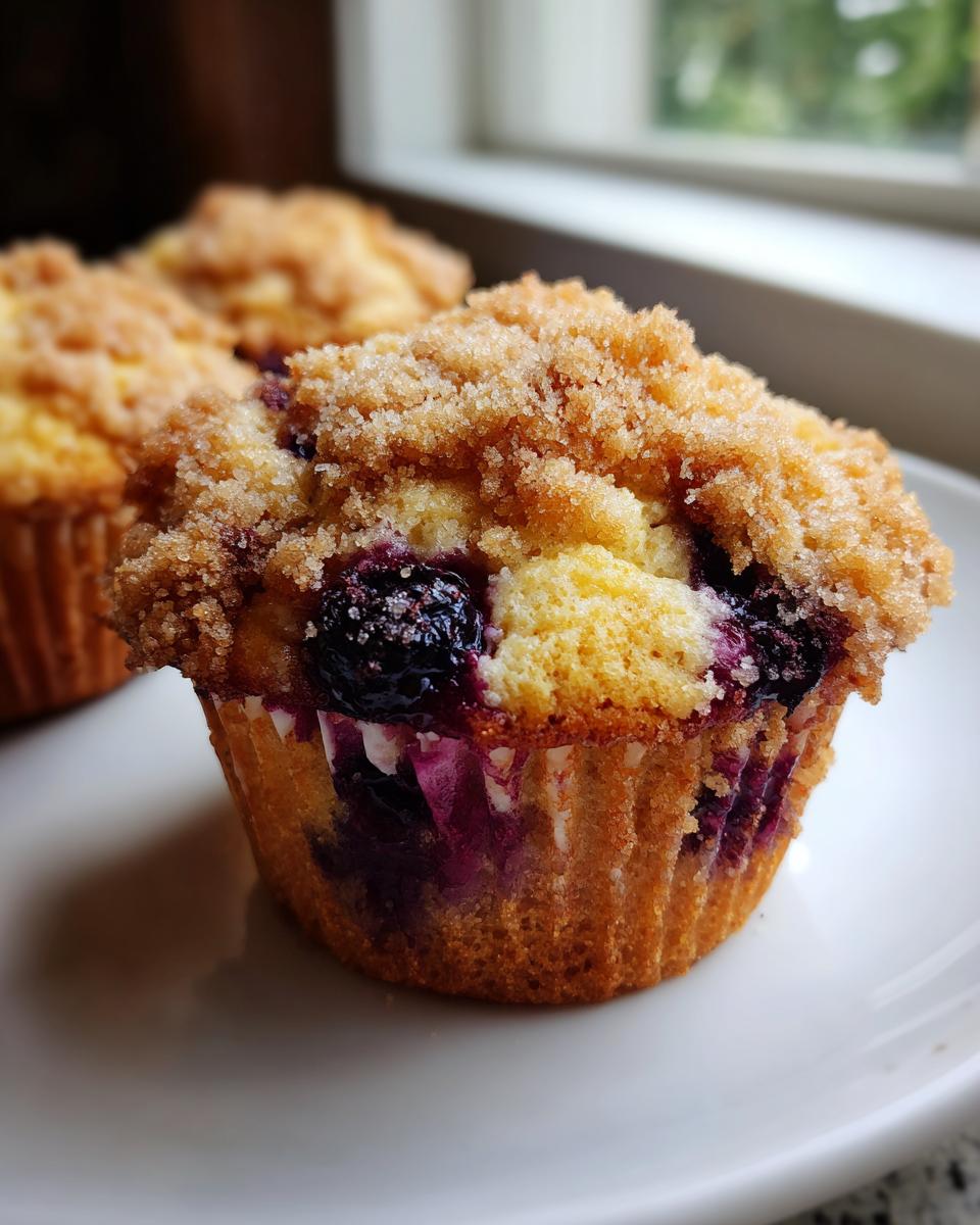 Close-up of a fluffy blueberry muffin topped with sweet streusel, showcasing juicy berries.