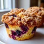 Close-up of a fluffy blueberry muffin topped with a thick, sugary cinnamon crumb topping.