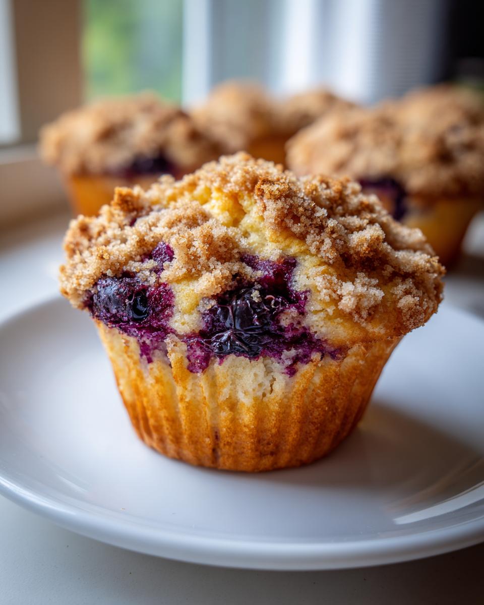 Close-up of a fluffy blueberry muffin with a thick, sugary crumb topping, featuring burst blueberries.