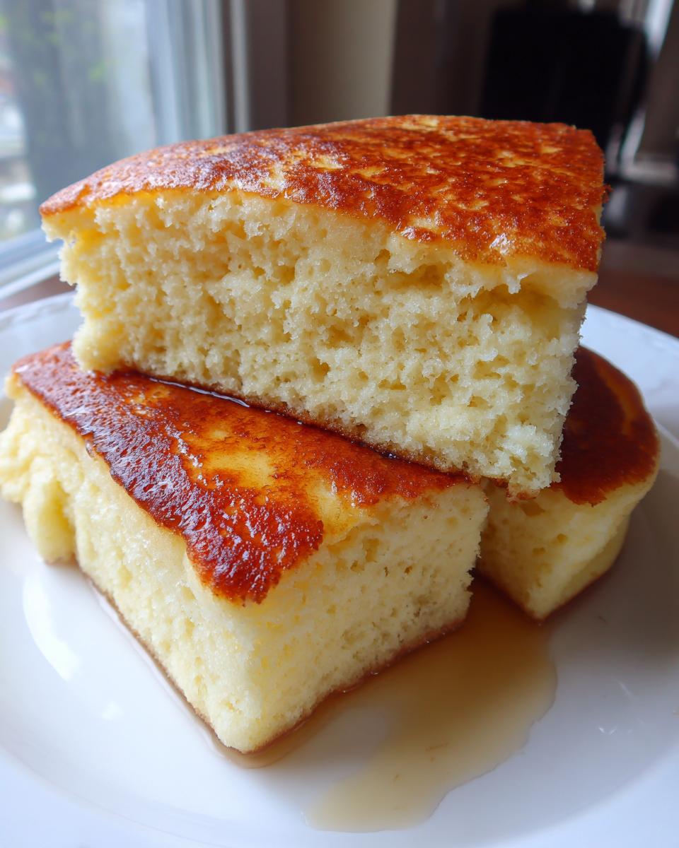 Close-up of thick, fluffy buttermilk pancakes stacked and drizzled with maple syrup on a white plate.