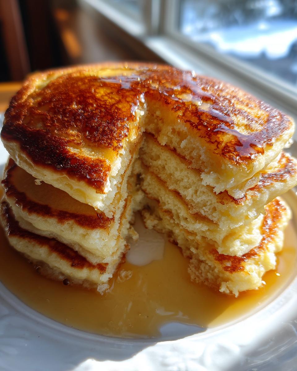 A tall stack of fluffy buttermilk pancakes with a slice cut out, drenched in golden syrup.
