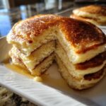 Close-up of a fluffy stack of buttermilk pancakes cut open to show the airy interior, drizzled with syrup.