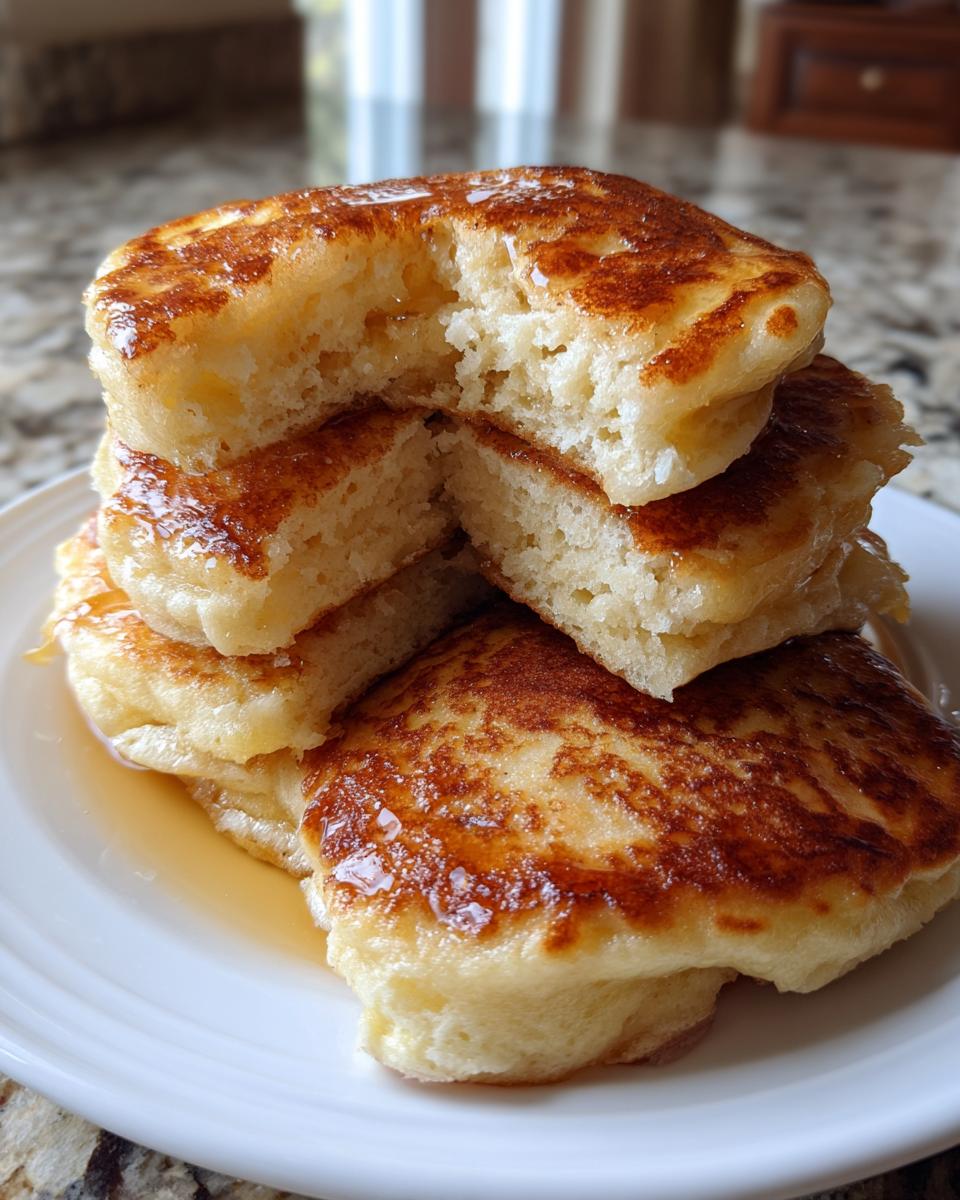 Close-up of a stack of fluffy buttermilk pancakes, cut open to show the texture and drizzled with syrup.