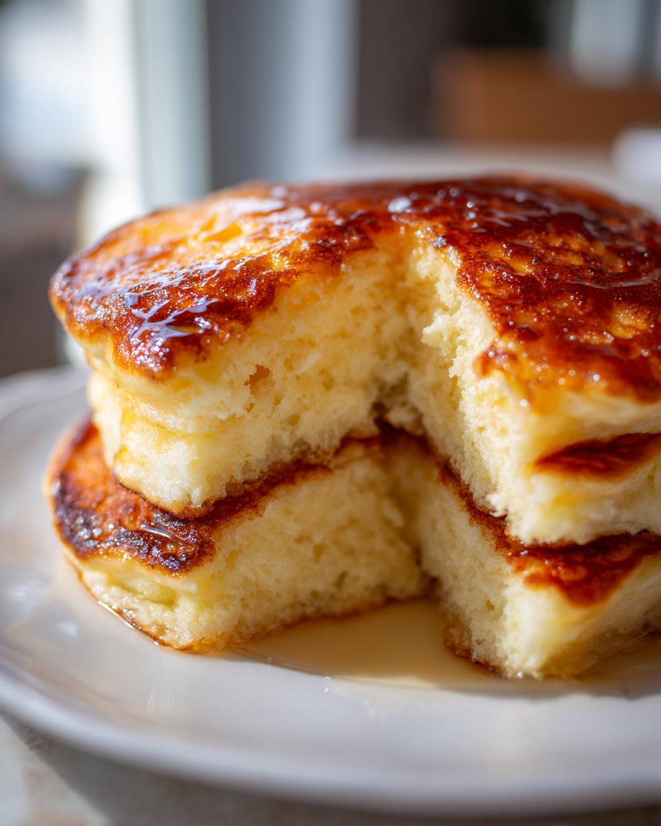 Close-up of a stack of incredibly fluffy buttermilk pancakes, cut open to show the airy interior and drizzled with golden syrup.