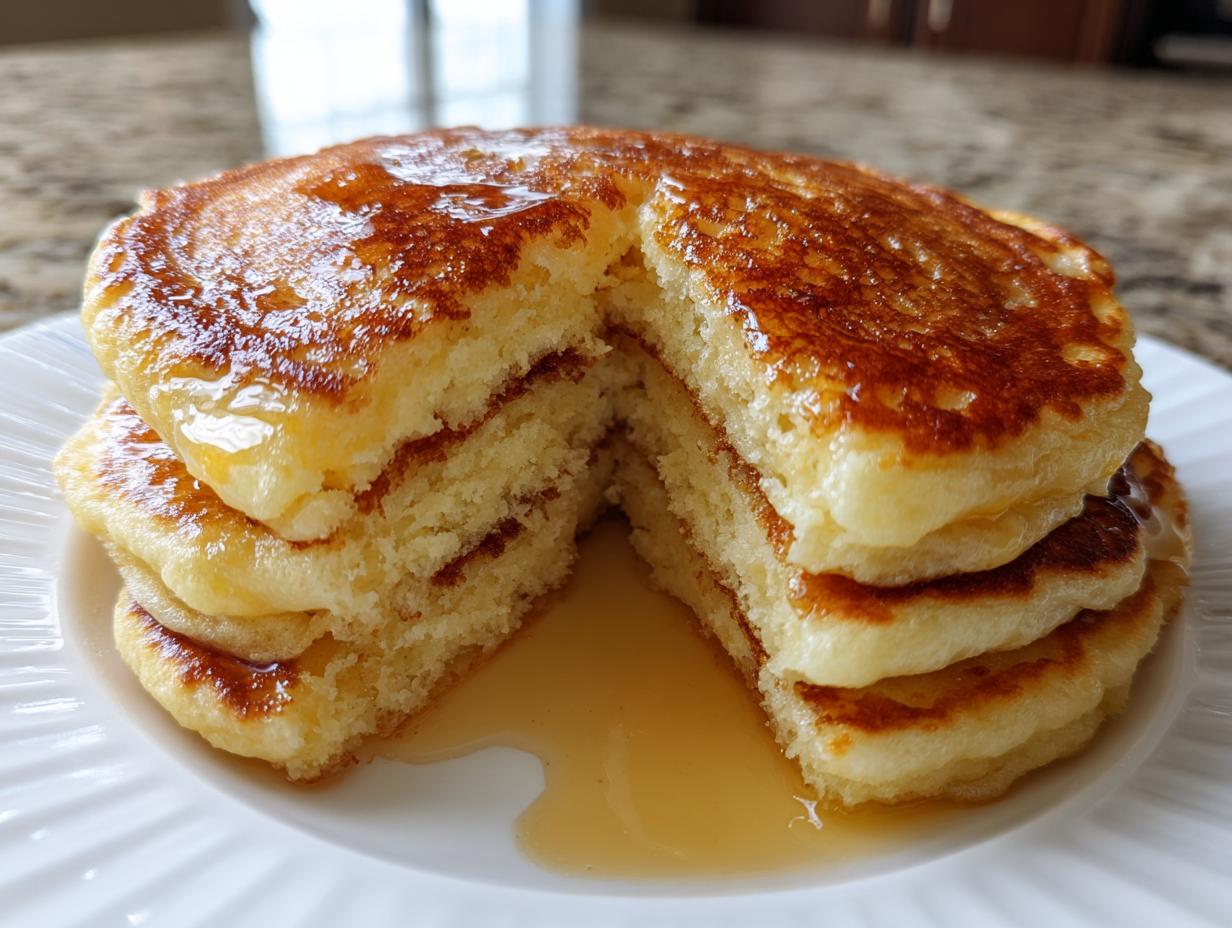 A stack of four fluffy buttermilk pancakes, cut open to show the texture, drizzled generously with maple syrup.