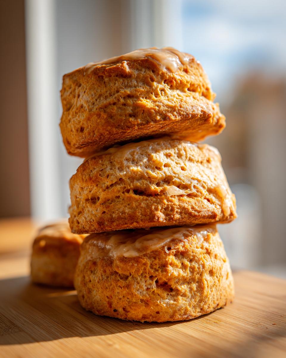 A stack of three fluffy sweet potato biscuits topped with a light glaze, sitting on a wooden surface.