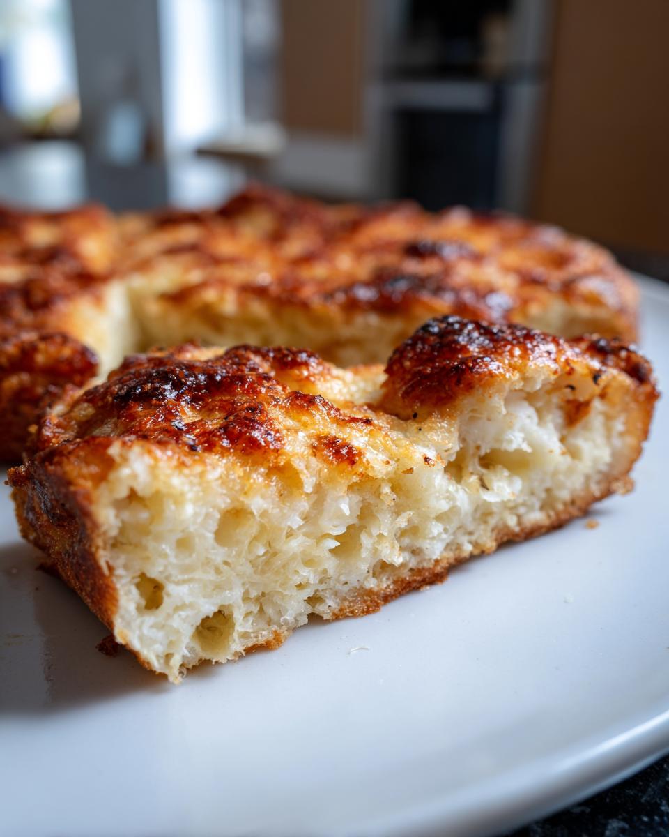 A thick slice of fluffy keto pizza crust showing its airy interior and browned, cheesy top.