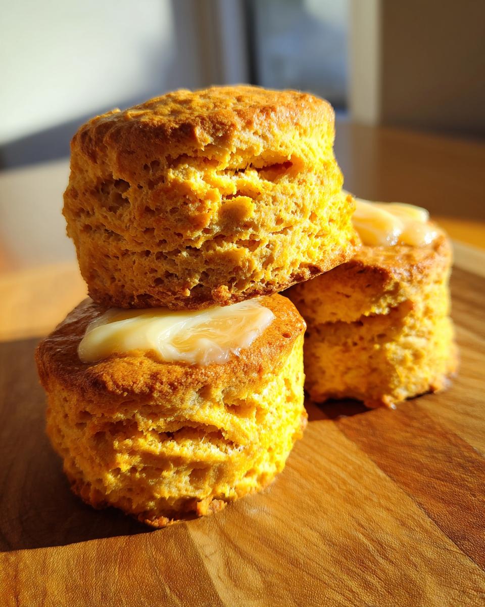 A stack of three golden-orange sweet potato biscuits, one topped with melting butter, sitting on a wooden board.