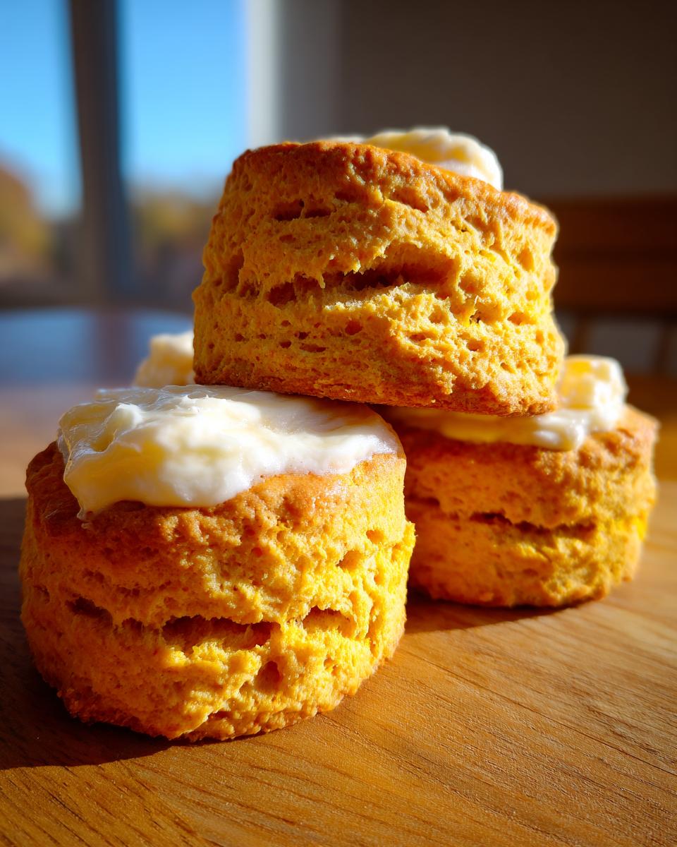 A stack of three fluffy, golden sweet potato biscuits topped with cream cheese frosting, resting on a wooden surface.