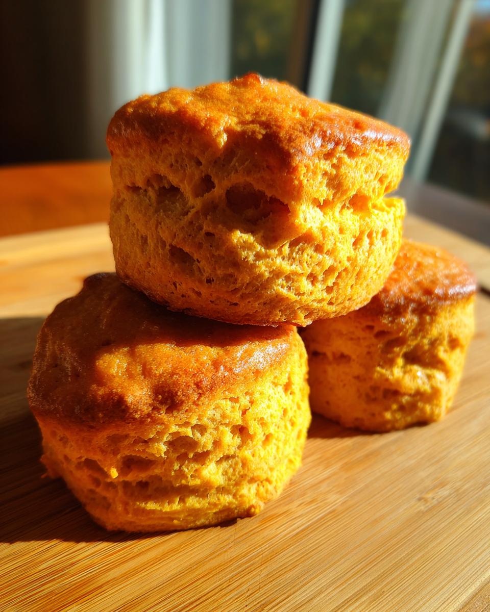 Three fluffy, golden-orange sweet potato biscuits stacked on a wooden cutting board, highlighted by sunlight.