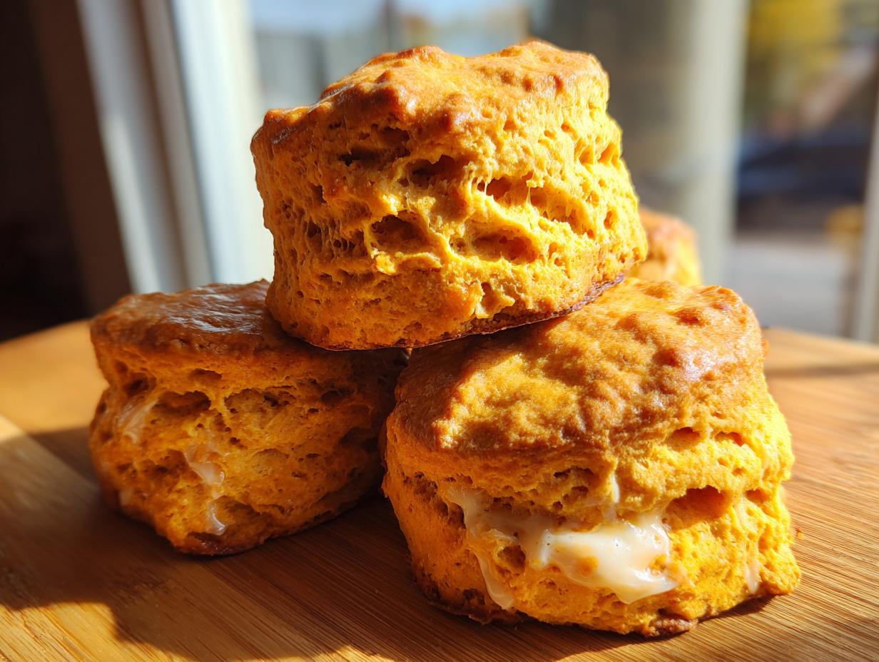 A stack of three golden-orange sweet potato biscuits, one oozing a white glaze, sitting on a wooden board.