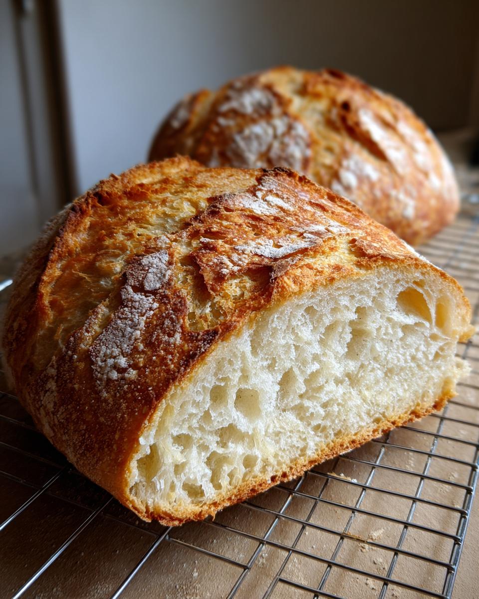 Close-up of a freshly baked loaf of French bread, sliced open to show the airy interior crumb, resting on a wire rack.
