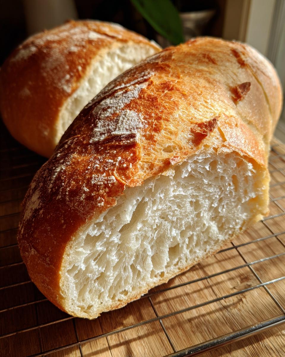 Close-up of a freshly baked french bread loaf, cut to show the airy interior crumb, resting on a wire rack.