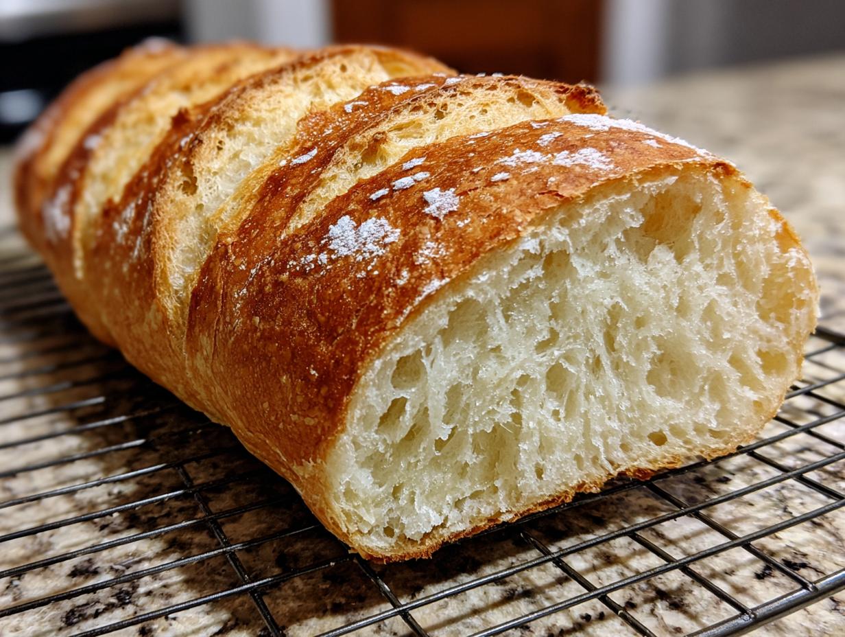 Close-up of a freshly baked French bread loaf, sliced to show the airy, open crumb structure, resting on a cooling rack.