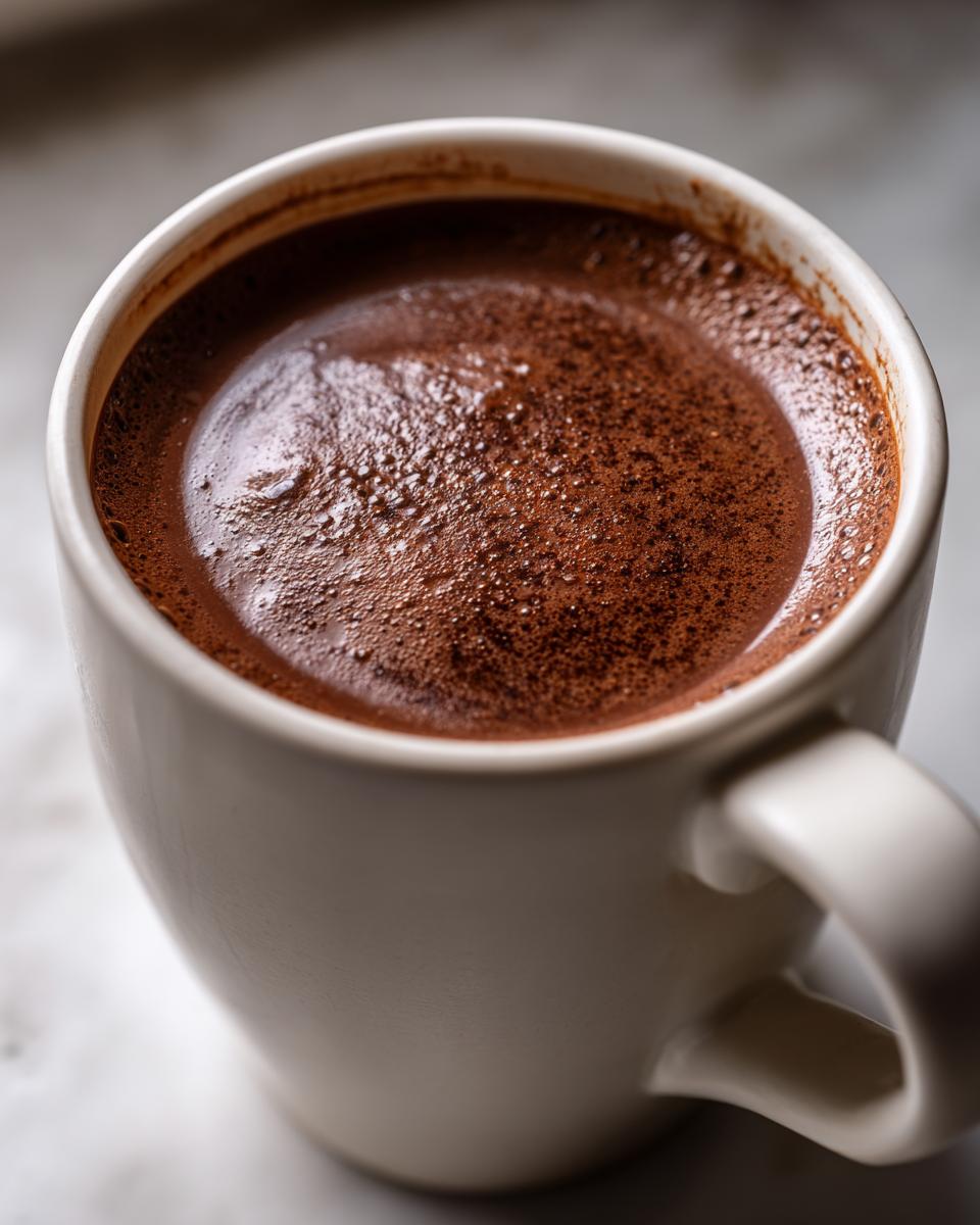 Close-up of rich, dark French hot chocolate with a frothy top in a cream-colored mug.