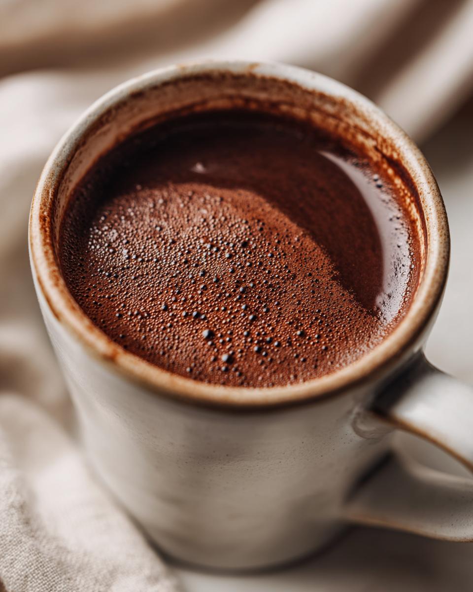 Close-up of thick, rich French hot chocolate topped with small bubbles in a rustic ceramic mug.