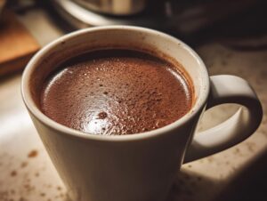 Close-up of a rich, dark French hot chocolate with a frothy top in a white mug.