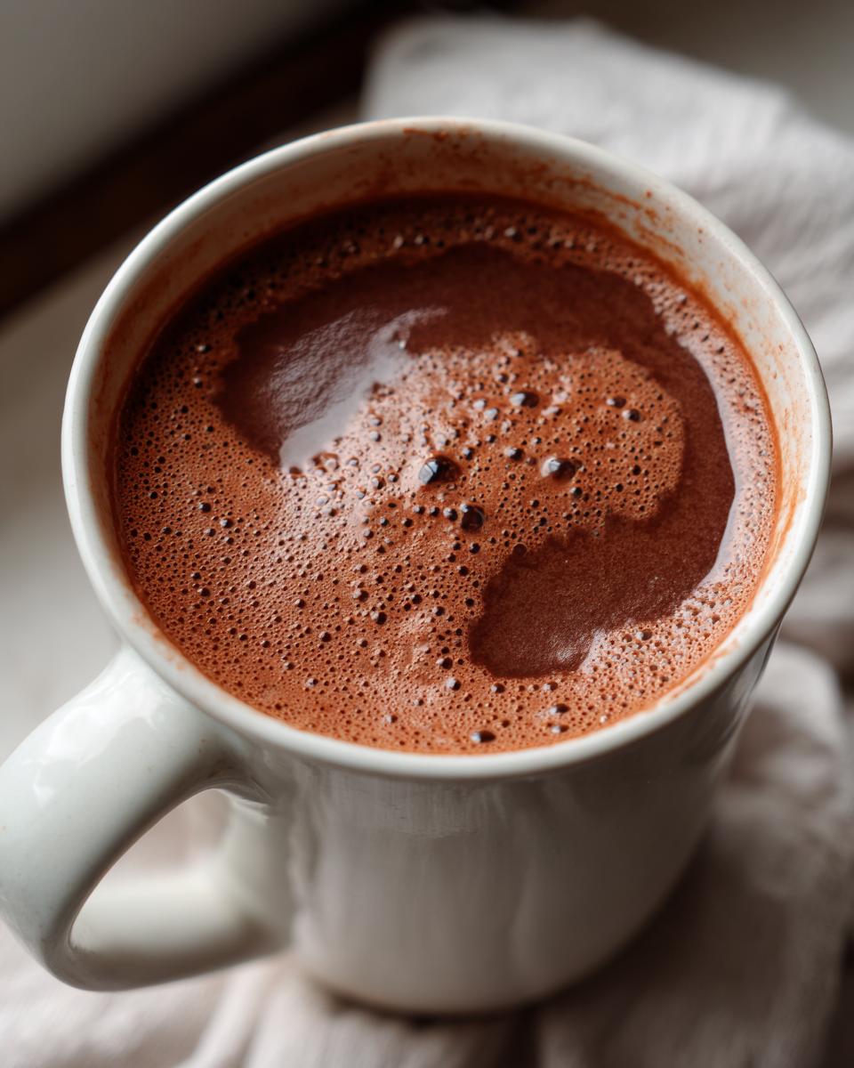 Close-up overhead view of rich, dark French hot chocolate with a foamy top in a white mug.