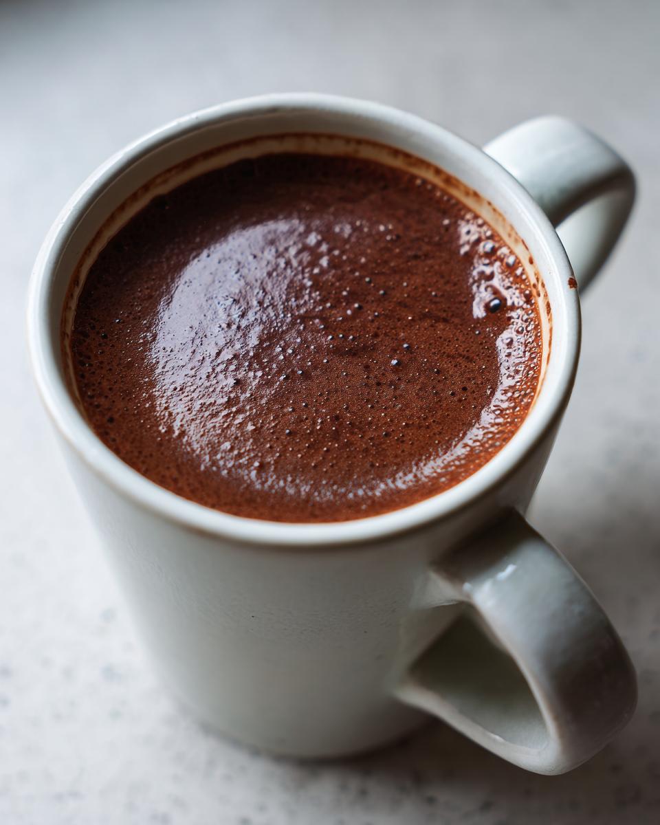 Close-up of a steaming mug filled with rich, dark French hot chocolate topped with small bubbles.