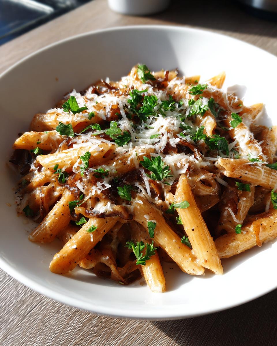 A close-up of a bowl of creamy french onion pasta topped with caramelized onions, grated cheese, and fresh parsley.