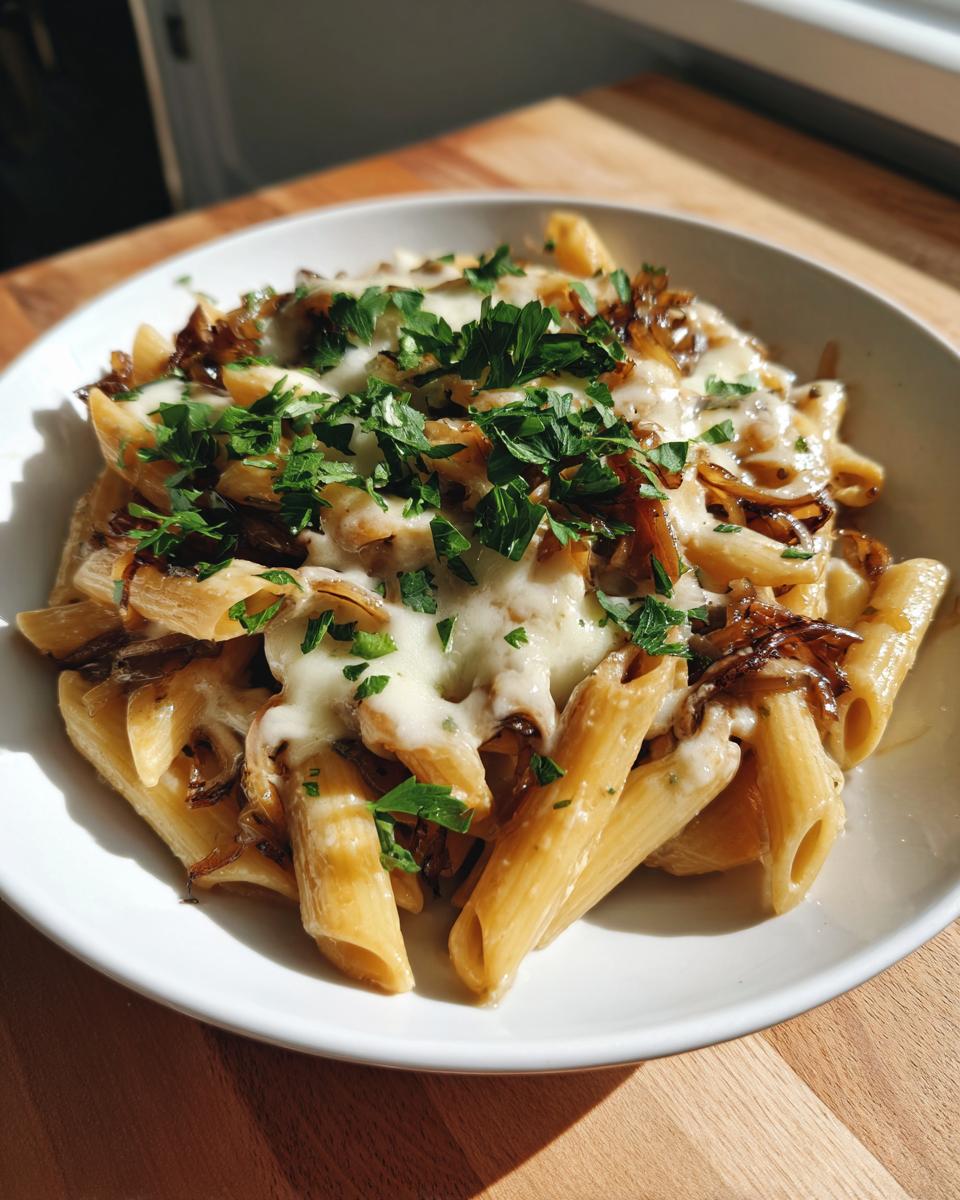 A white bowl filled with creamy french onion pasta, topped with melted cheese, caramelized onions, and fresh parsley.
