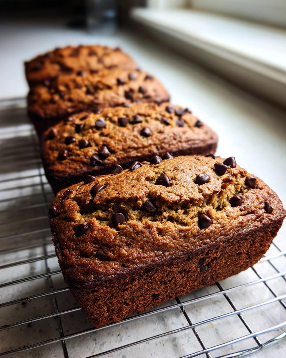 Four freshly baked mini banana bread loaves topped with chocolate chips cooling on a wire rack.