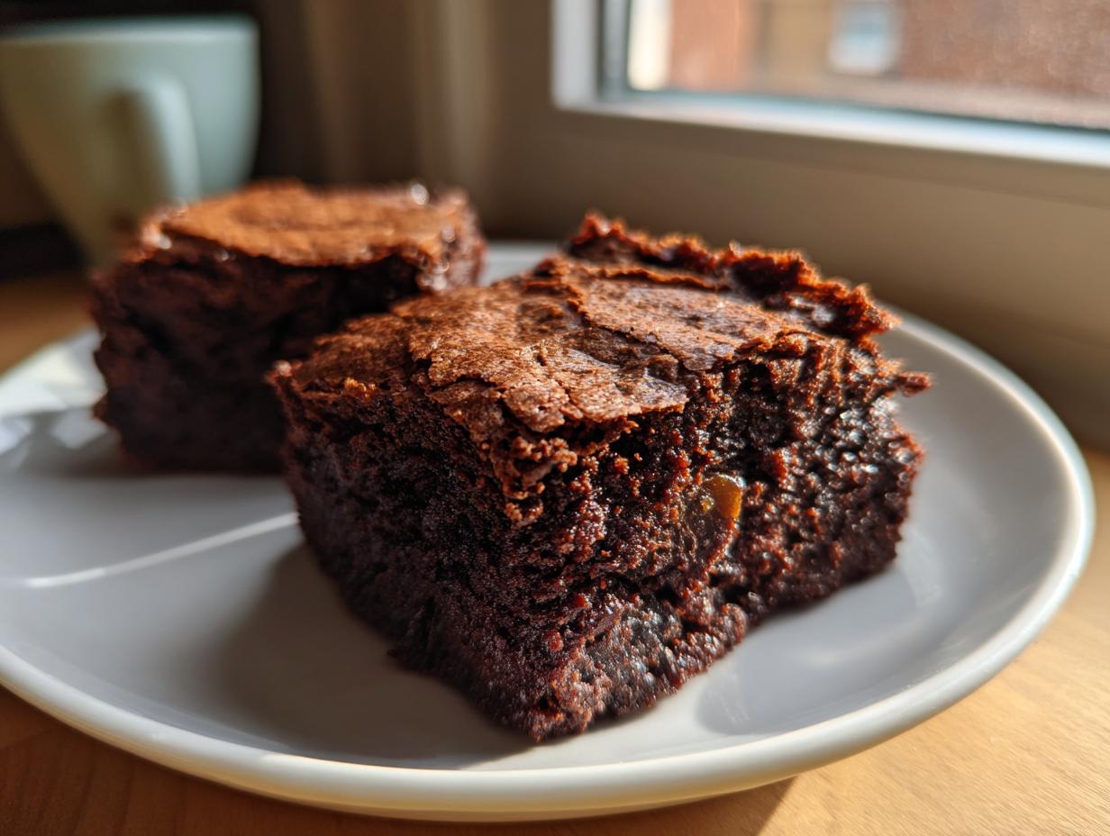Close-up of two fudgy date brownies with crackly tops served on a white plate near a window.